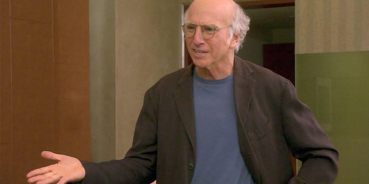 Larry David defending himself looking annoyed on Curb Your Enthusiasm