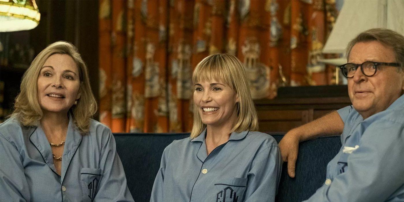 Kim Cattrall, Leslie Bibb, and David Rasche wear matching outfits in About My Father