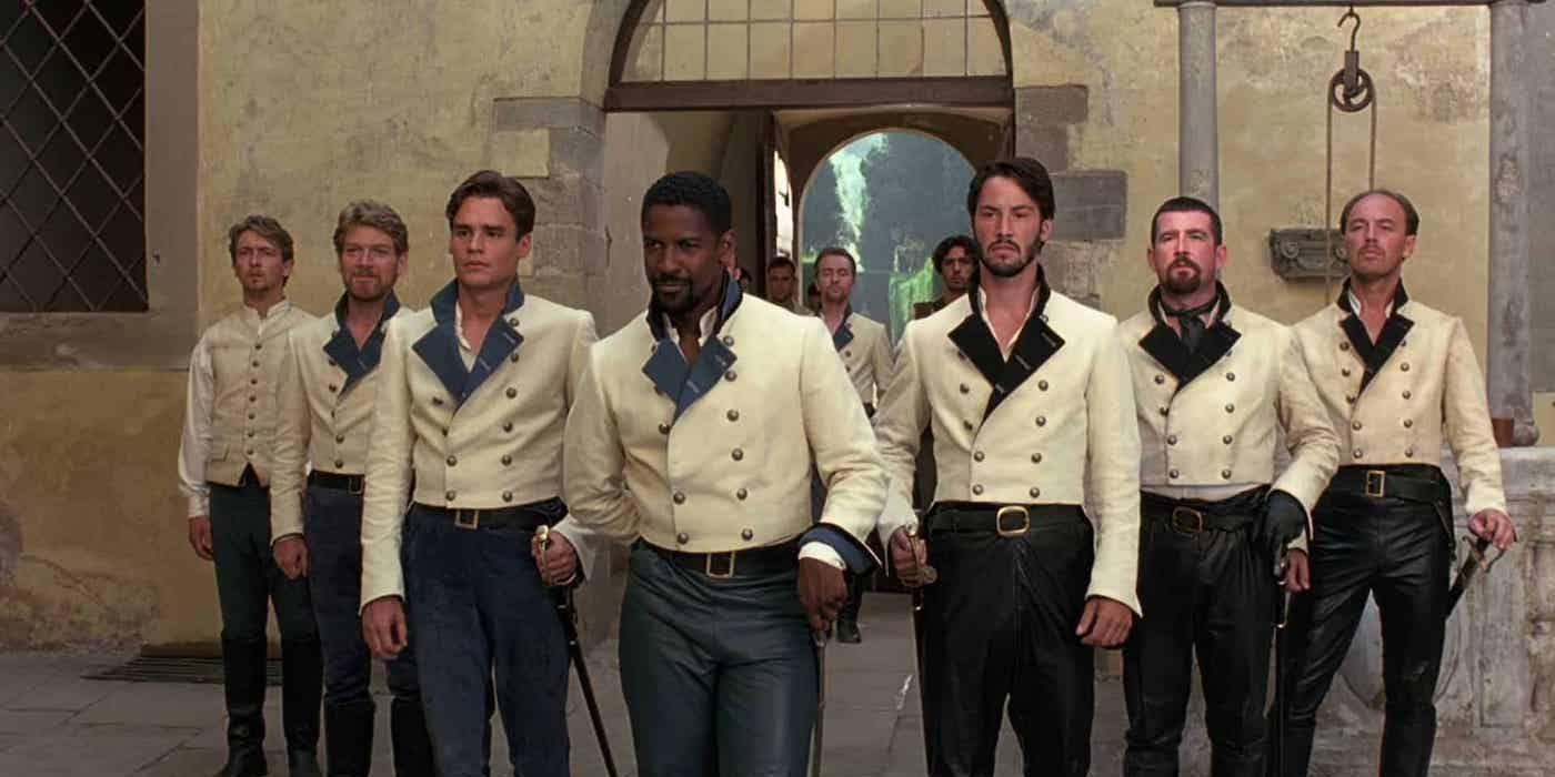 Don Pedro, played by Denzel Washington, walking with his noblemen in Much Ado About Nothing