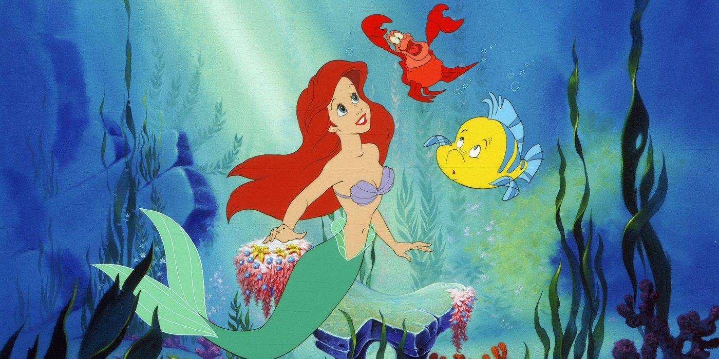 Ariel, Flounder, and Sebastian in the ocean in 1989 The Little Mermaid