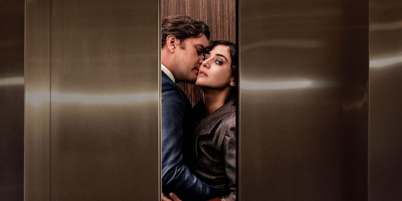 Lizzy Caplan and Joshua Jackson in an elevator in the poster for Fatal Attraction 