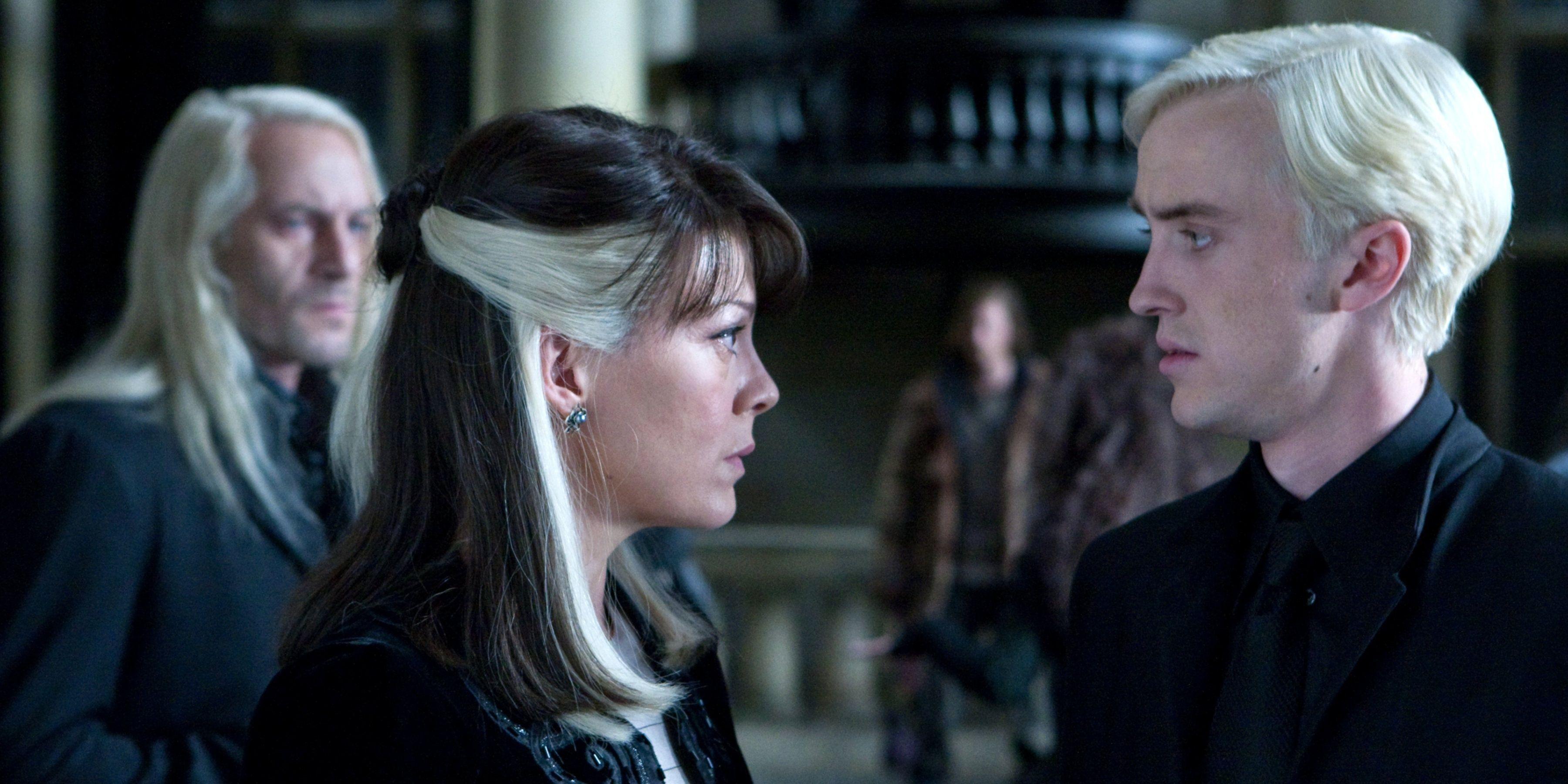Narcissa Malfoy (Helen McCrory) and Draco Malfoy (Tom Felton) look at one another in 'Harry Potter and the Deathly Hallows: Part 1'.