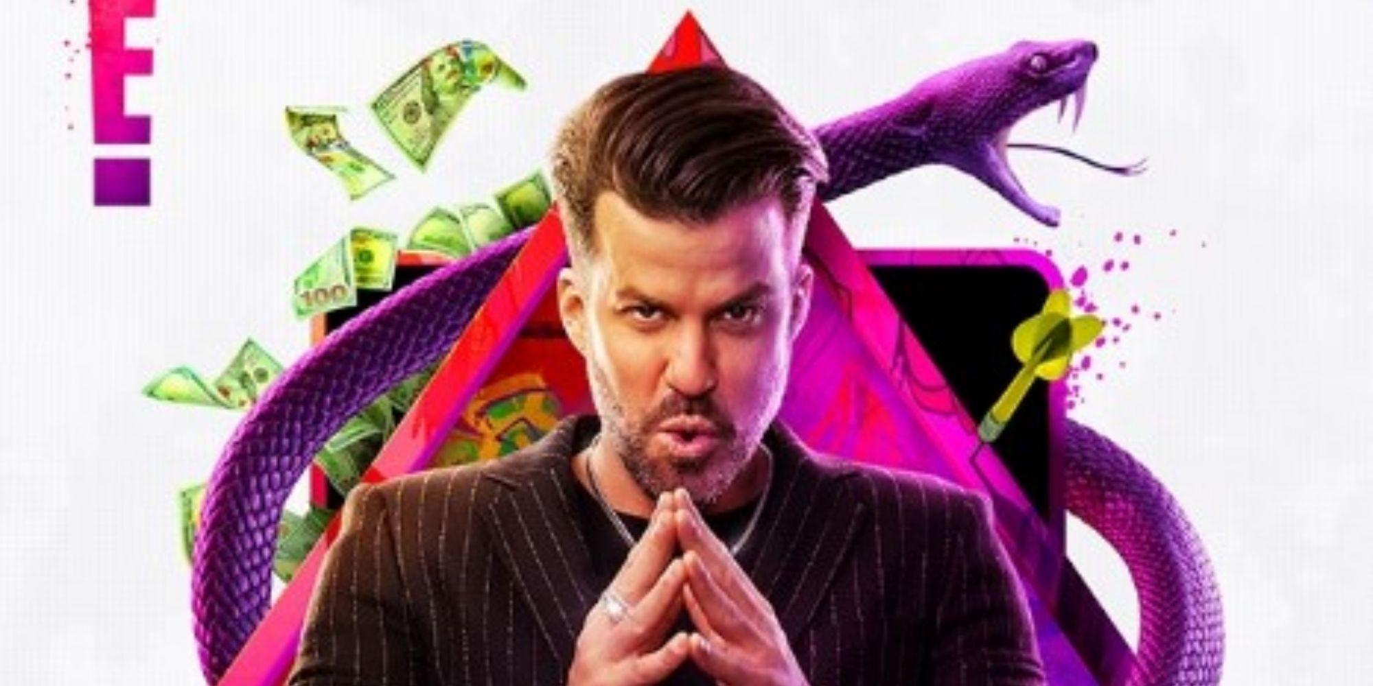 Johnny Bananas looks at the camera with a purple snake and money behind him in the 'House of Villains' cast photo.