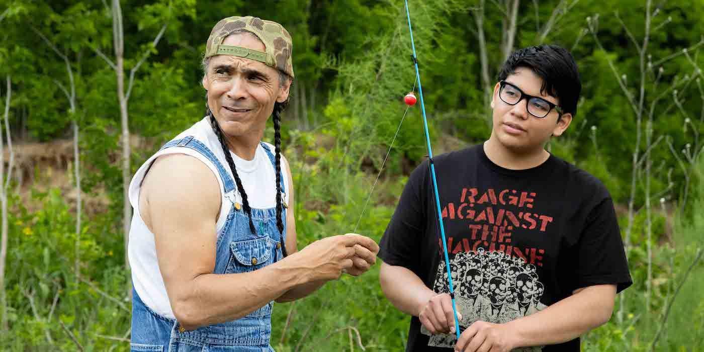 Zahn McClarnon as Big and Lane Factor as Cheese in Reservation Dogs Season 3. 