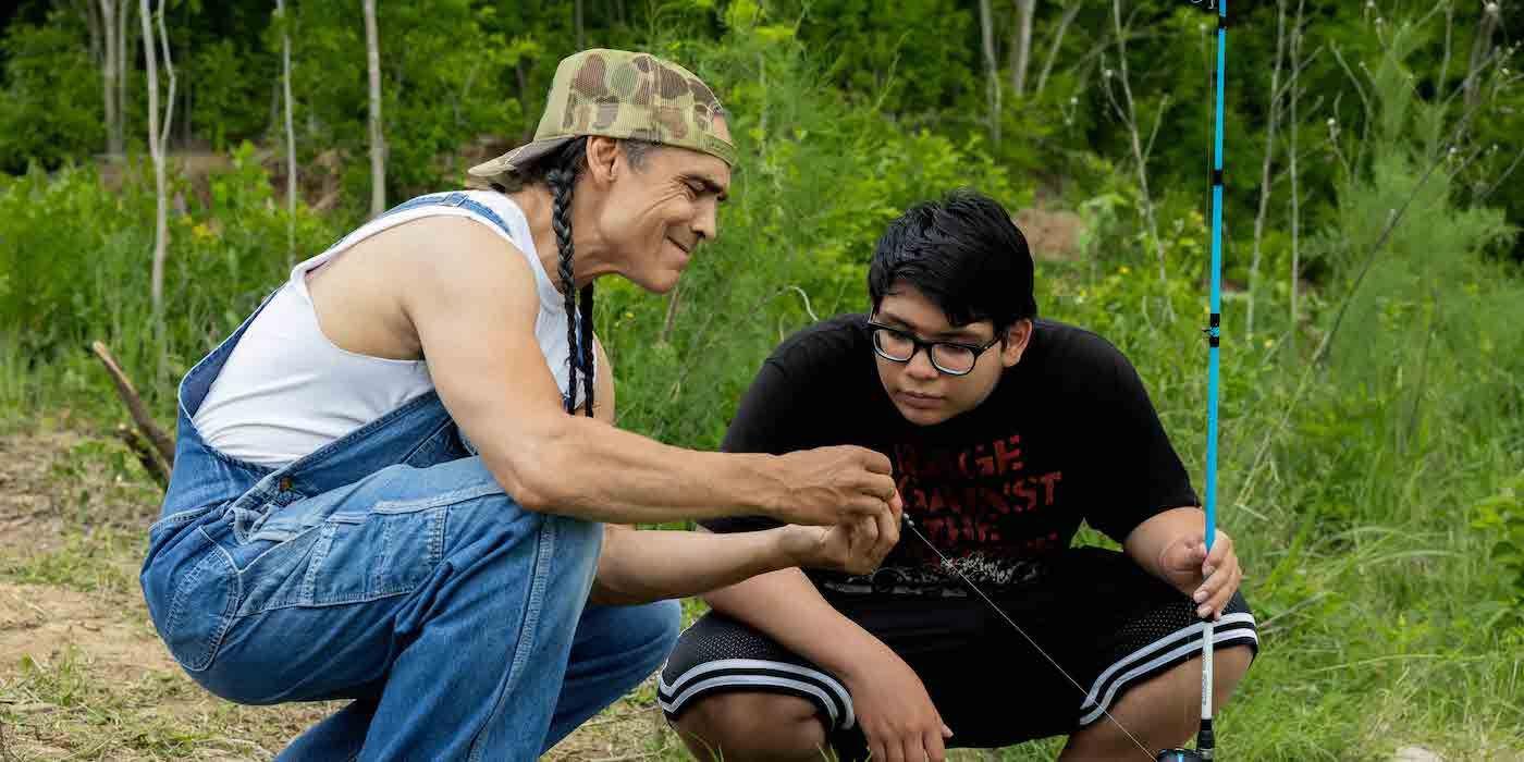 Zahn McClarnon as Big and Lane Factor as Cheese in Reservation Dogs Season 3.