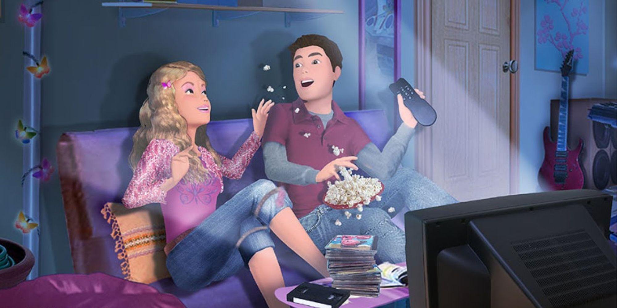 Barbie and Kevin eating popcorn during movie night in The Barbie Diaries