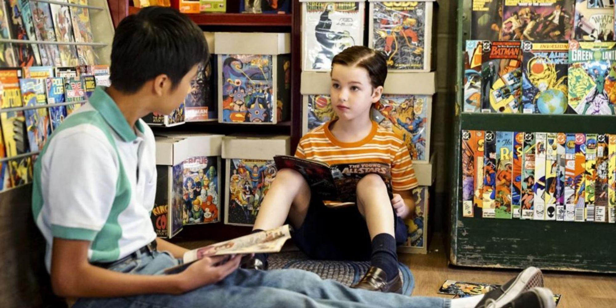 Sheldon Cooper, played by Iain Armitage, reads comic books.