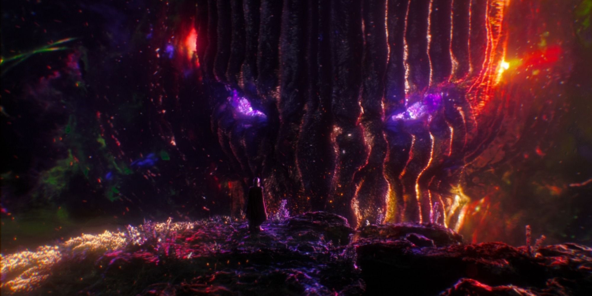 Doctor Strange confronting Dormammu in the Dark Dimension wide shot