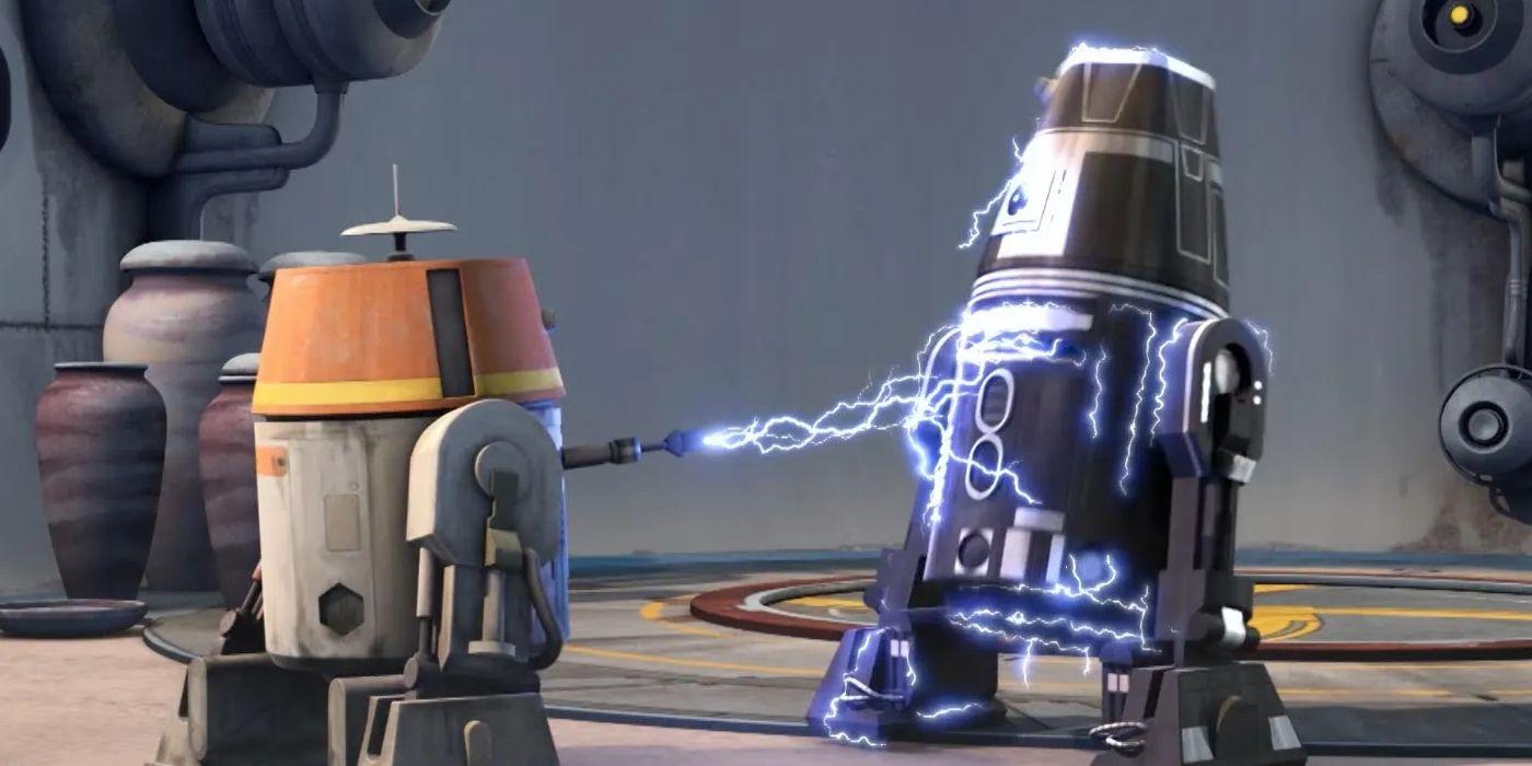Chopper (Dave Filoni) electrocuting another droid